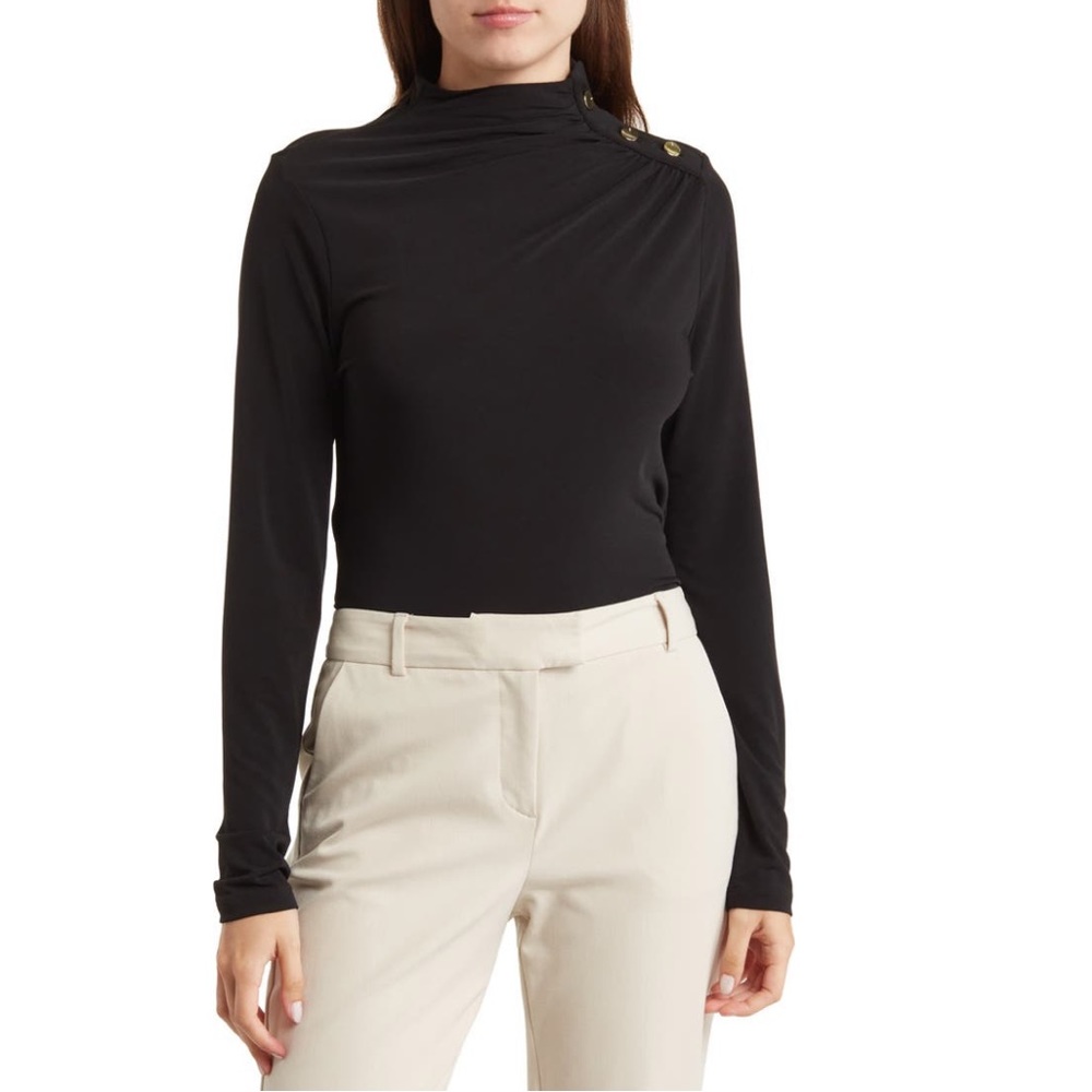 DKNY Black Mock Neck Button Shoulder Pullover - New With Tag - Reemoly